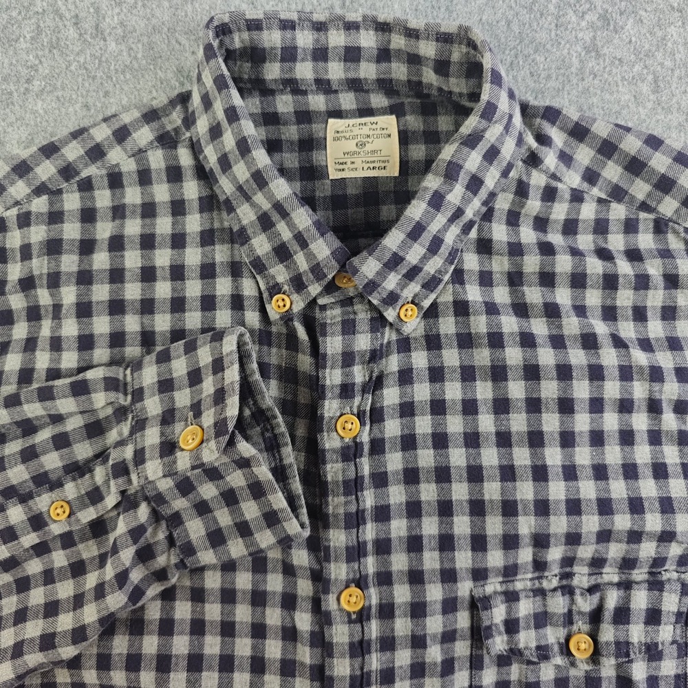 J.Crew Mens Large Blue Grey Gingham Flannel Workshirt Button Down Long Sleeve